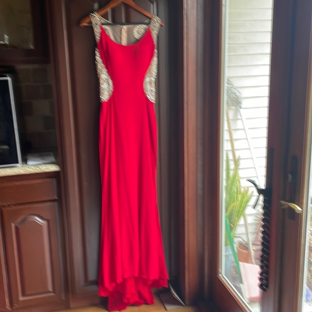 Elegant Red Prom Dress with Silver Accents